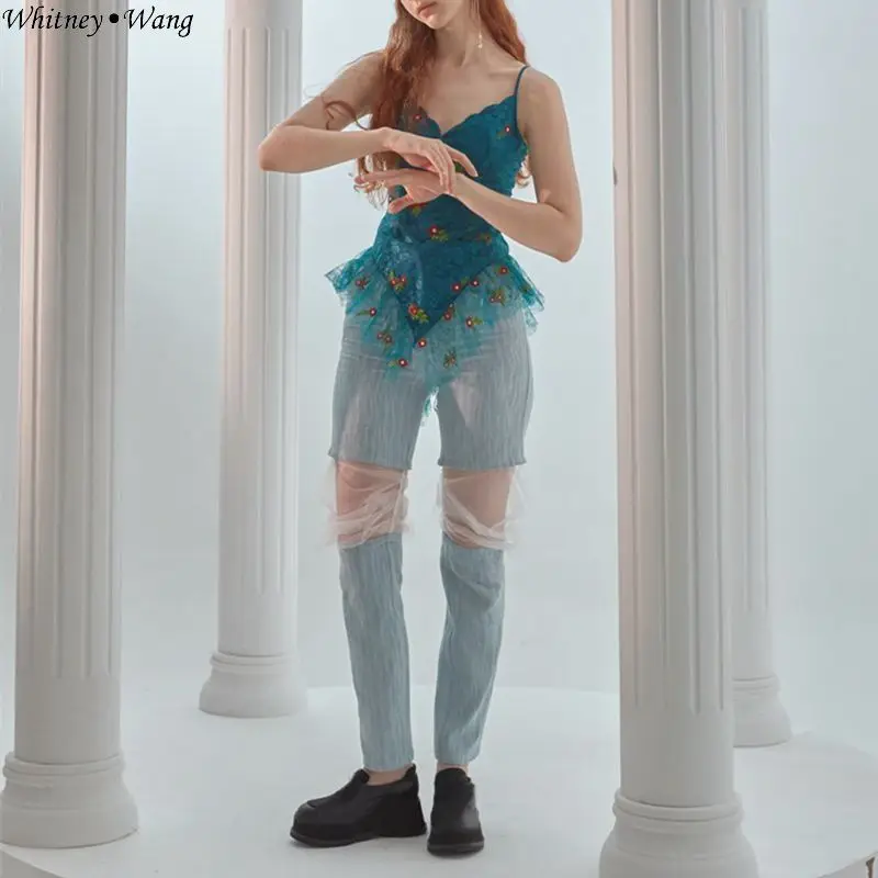 

WHITNEY WANG 2019 Summer Fashion Streetwear Designer Style See Through Mesh Patchwork Jeans Women Stylish Denim Pants