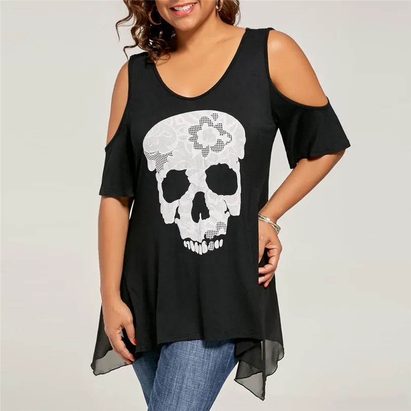 

KWAN_Fashion female punk gothic top Casual Plus Size Skull Cold Print Shoulder Tops 3D printing gothic tees T-shirts for women #