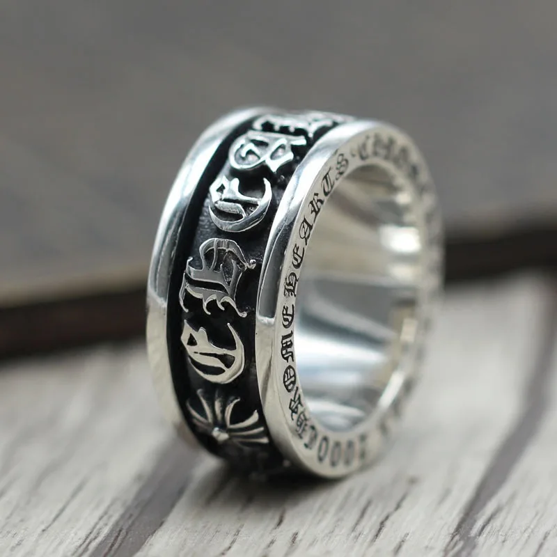 

S925 Sterling Silver Personality Punk Wind Sanskrit Rotation Men And Women Wide Side Domineering Ring Thai Silver Retro Ring