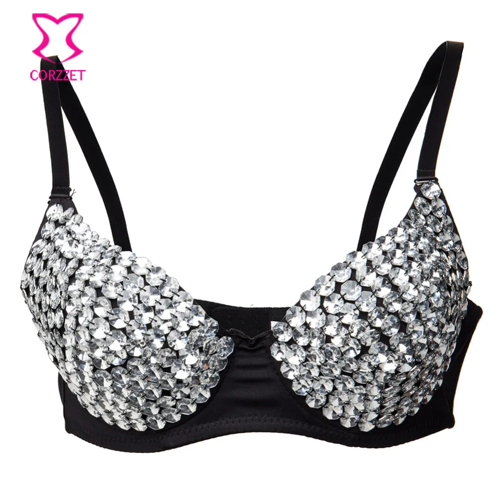 

Nightclub Dance Party Wear Silver Diamond Crystal Gem Beading Soutien Gorge Sexy Bra Push Up Bralette Top Encaje Brassiere Femme