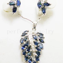Синий сапфир набор 925 серебро Real и естественный сапфиры 1 шт. серьги-стержни 1 шт. кулон Листья стиль 0.15ct* 28 шт. камни