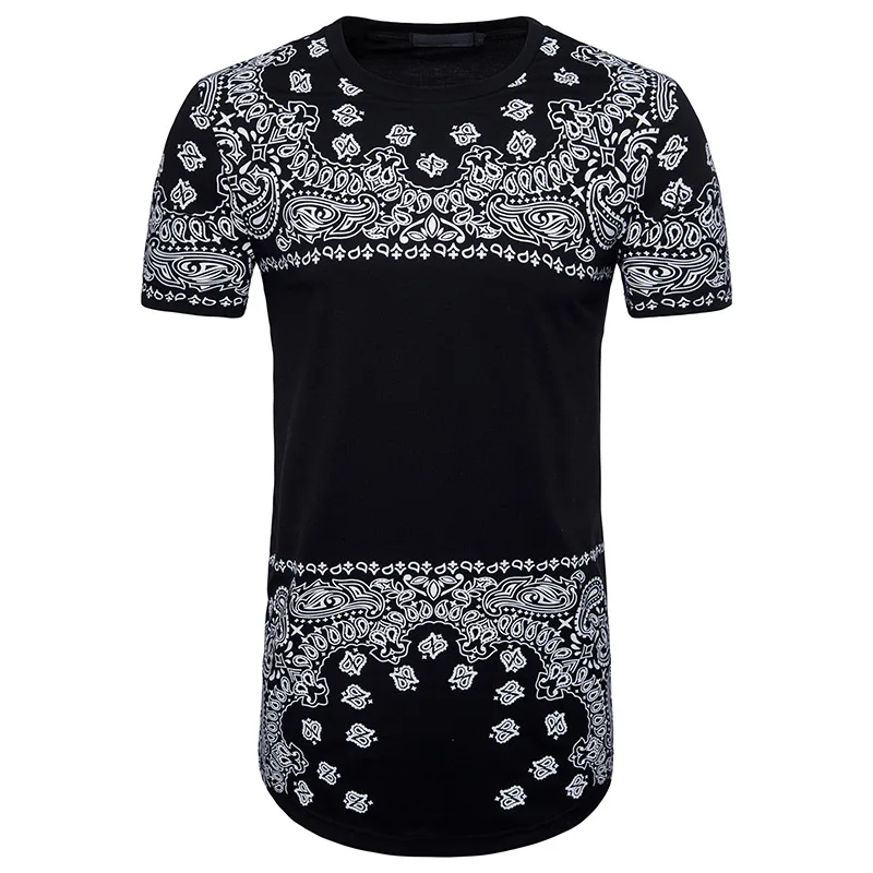 

Paisley Print Extra Long T Shirt Men 2018 Brand New Slim Fit Short Sleeve Tee Shirts Homme Causal Hip Hop Streetwear T-shirt Man