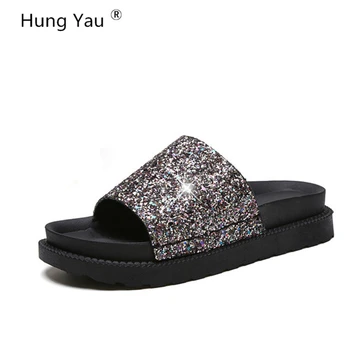 

Hung Yau Shoes For Women Sandals Flips Flops Summer Style Shoes Woman Sandals Fashion Bling Sequins Platform Female Slides Flat