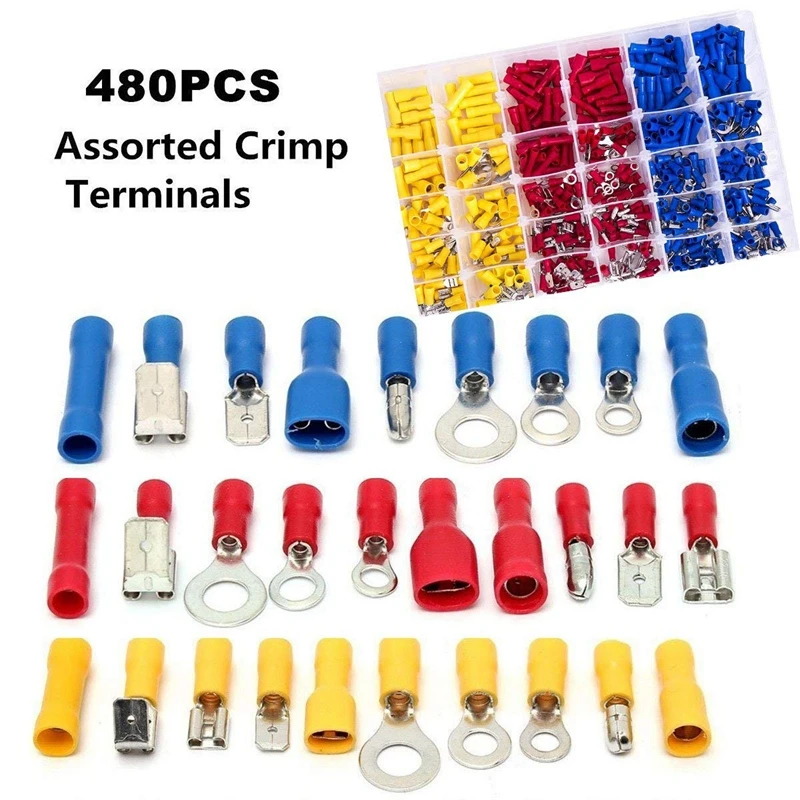 

480Pcs Terminals Connector Spade Set Assorted Insulated Wiring Terminal Ends Electrical Wire Crimp Connectors Spade kit