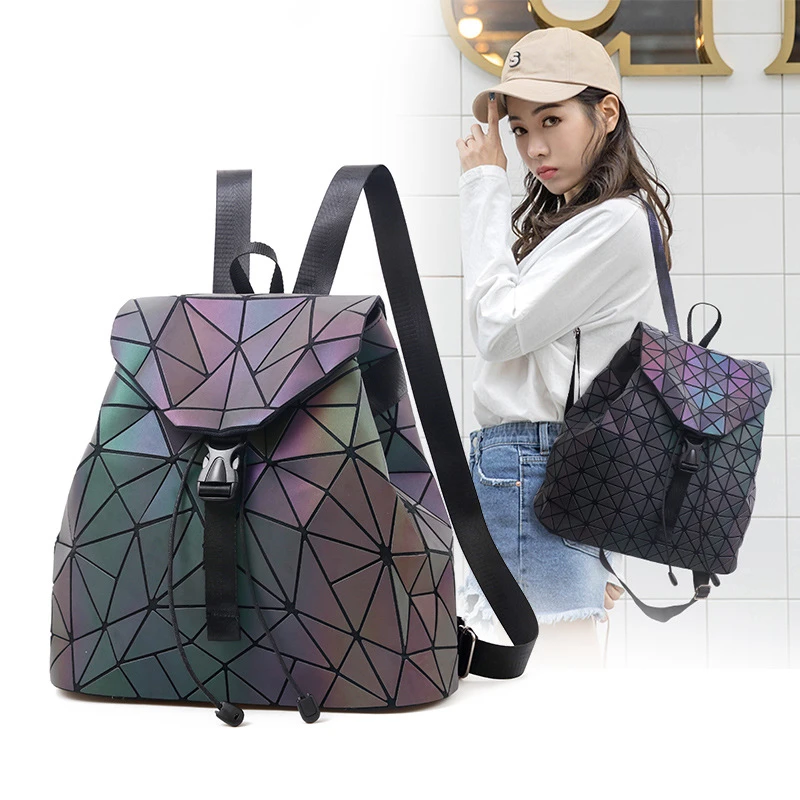 Women Laser Luminous Backpack School Hologram Geometric Fold Student School Bags For Teenage Girls holographic sac a dos (13)