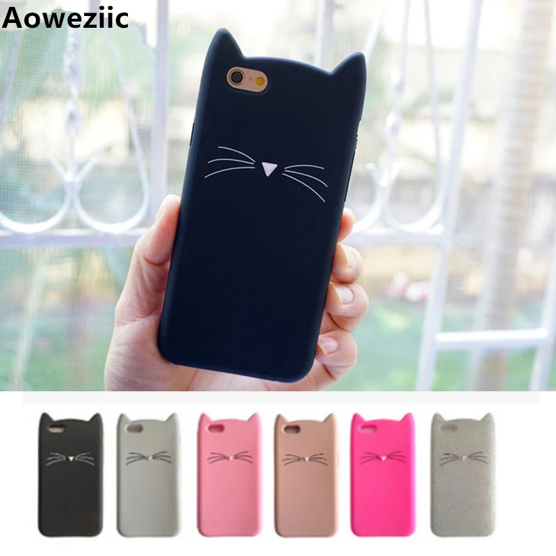 Aoweziic Fashion 3D cute cartoon Black beard cat Ear silicone case For iphoneX XS MAX XR 8 7 6s Plus 5S rubber Coque back cover