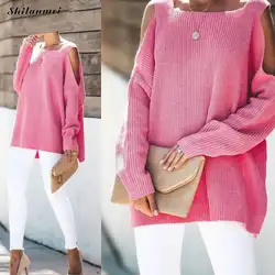 2019 осенние свитера женские сексуальные вязаные пуловеры с открытыми плечами с длинным рукавом Однотонная розовая Зимняя водолазка Femme