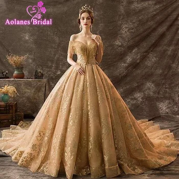 شراءفساتين زفاف لحفلات الزفاف من الدانتيل باللون الذهبي 2019 برقبة قارب وأربطة على شكل زهور ، فساتين حفلات فاخرة من المملكة العربية السعودية