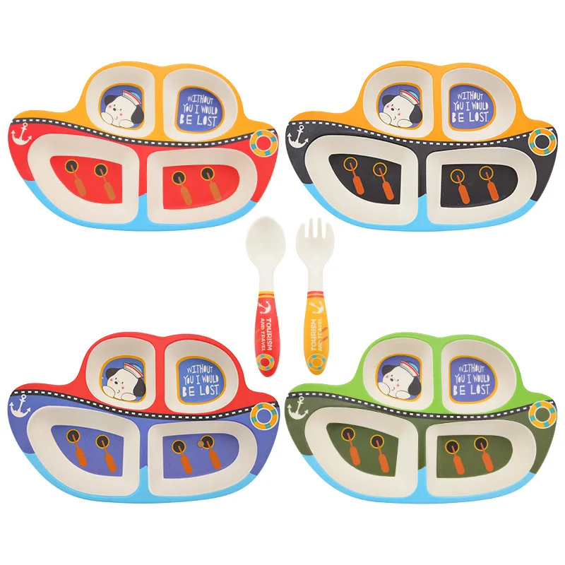 

Children Feeding Tableware Children's Tableware Three-piece Cartoon Ship Shipping Grid Plate Baby Fork Spoon