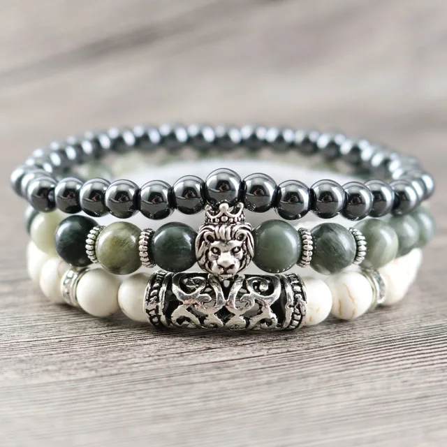 3pcs 1 Set Punk Genuine Stone Bracelets Men Hemae African Green 3pcs 1 Set Punk Genuine Stone Bracelets Men Hemae African Green Beads Antique Silver Plated Hollow