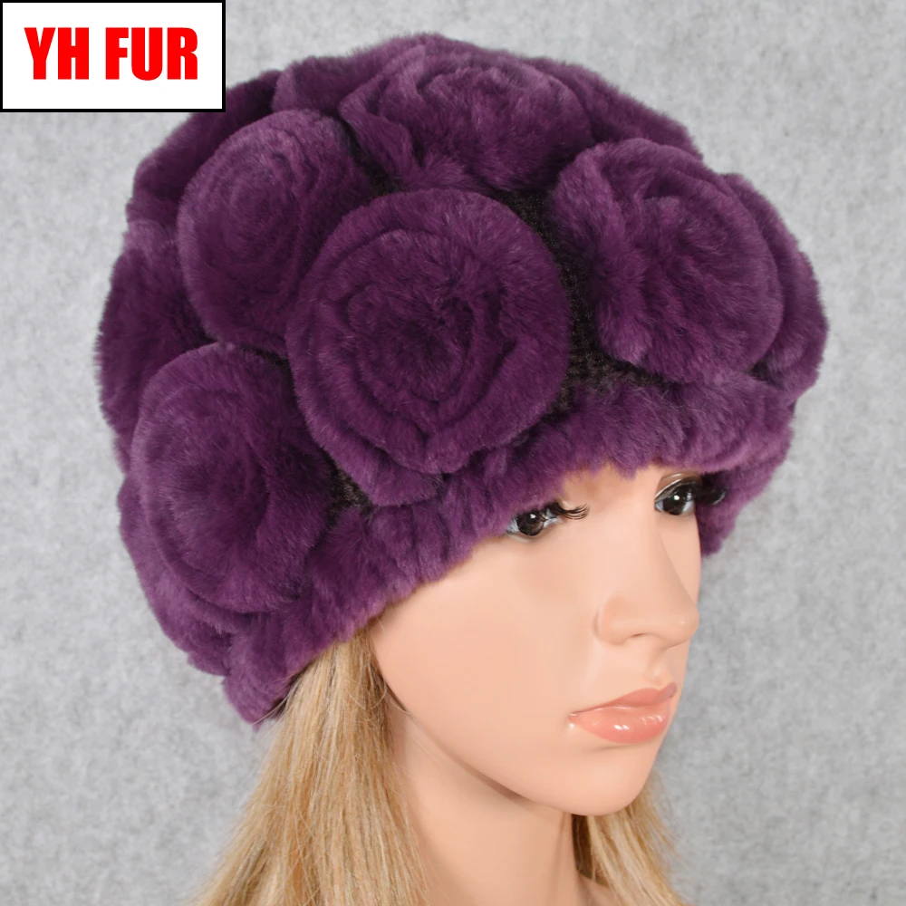 

2019 Winter Rex Rabbit Fur Hat Women Knitted 100% Natural Rex Rabbit Fur Flowers Beanies Hats Warm Soft Real Rex Rabbit Fur Caps