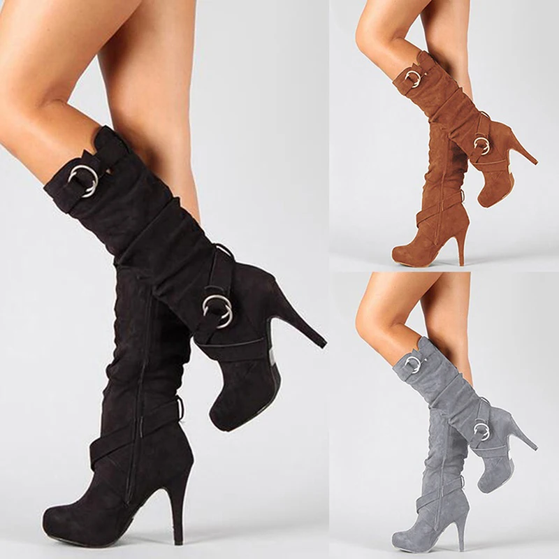 round toe knee high heel boots