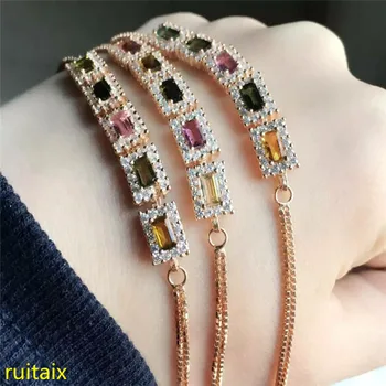 

KJJEAXCMY fine jewelry S925 pure silver bracelet natural tourmaline rectangular multi-color gem female wholesale jewelry free sh