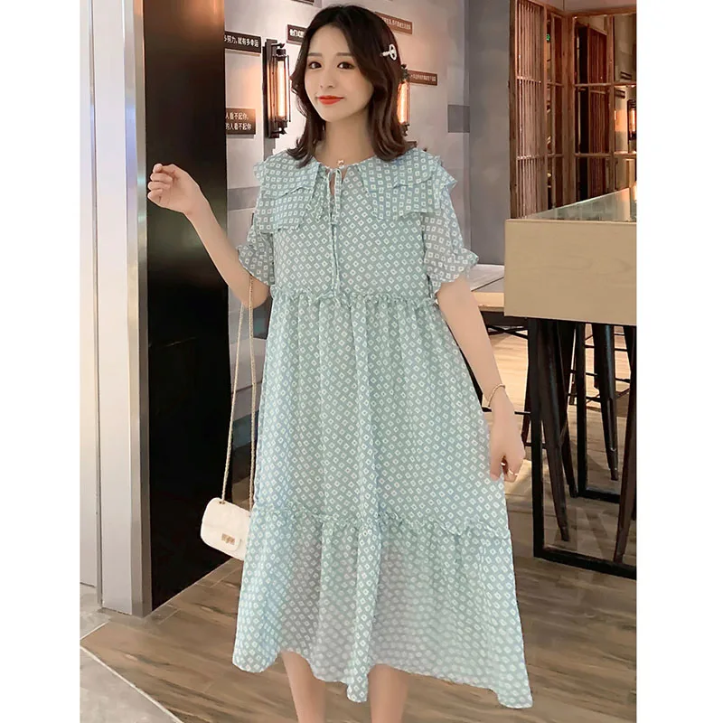 

Chiffon Maternity Dresses For Pregnant Women Clothing Polka Dot Long Dress Pregnancy Vestidos Doll Collar Maternity Clothes 3XL