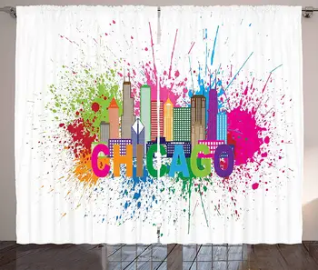 

Chicago Skyline Kitchen Curtains Splash of Colorful Paint Background with Text of Chicago and Cityscape Window Decor Panel