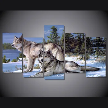 

Frameless The Wolf Couples to Visit Canvas Painting 5Pcs Wall Pictures For Living Room Home Decor Modular Pictures