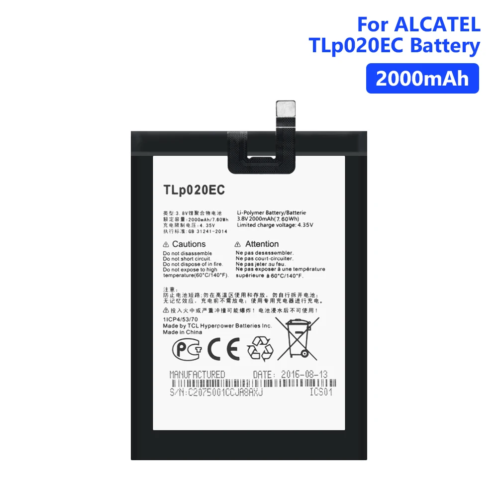 Высокое качество TLp020EC Alcatel One Touch POP UP OT-6044D 2000 мАч литий-полимерный аккумулятор для мобильных телефонов