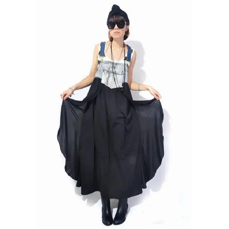 2019 New Women Denim Dress Sundress Casual Loose Overalls Dresses Female Solid Adjustable Strap Jeans Dress Plus Size