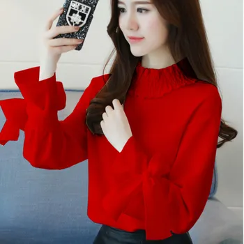 

New Spring 2019 Women Loose Slim High-collar Chiffon Blouses & Shirt Feminine Bow Long Sleeve Tops & Blouses