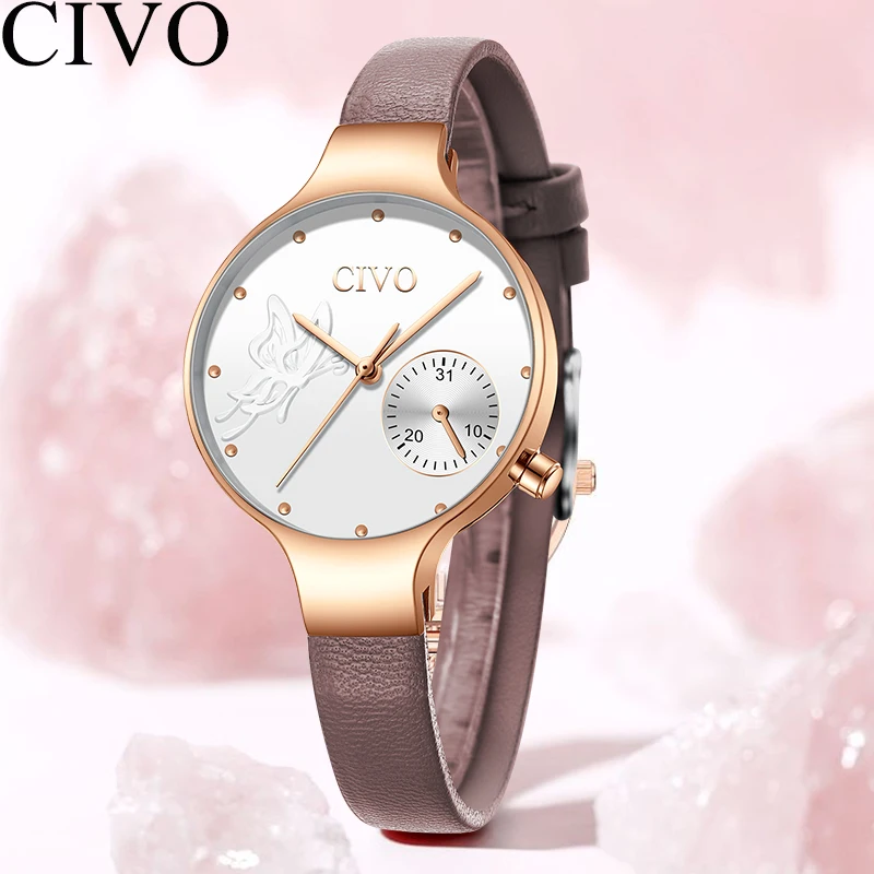

CIVO Luxury Dress Girl Watch Silm Waterproof Genuine Leather Watches Calendar Women Watches Minimalist Wristwatch Relogio