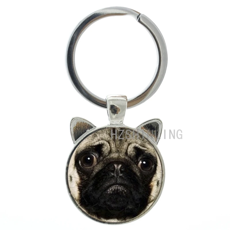 

Pet dog keychain vintage glass cabochon Pug photo animal pendant key chain ring holder friends Christmas New Year gifts CN400