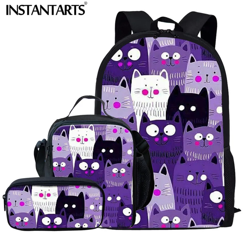 

INSTANTARTS Cute /Kitty Cat Design Schoolbag for Teenager Girl Boy Women Travel Rucksack Large Laptop 3pcs Set Backpack Kids Bag