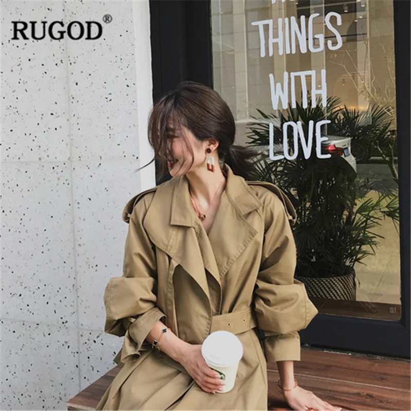 RUGOD, винтажное модное женское пальто X-Long, с отложным воротником, одноцветное, с регулируемой талией, с широкой талией, тренч для женщин