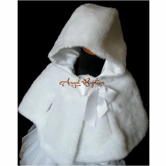 

Hooded Autumn Winter warm white/ivory flower girl faux fur cloaks cape princess jacket wrap kid bolero with bow for wedding
