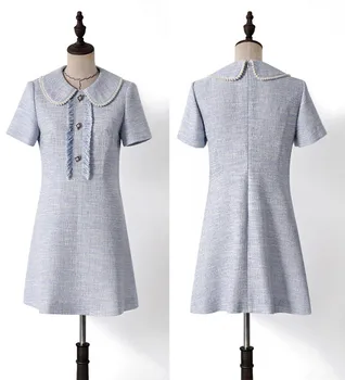 

France style elegant pearls beading dress Chic women peter pan collar tweed dress A661