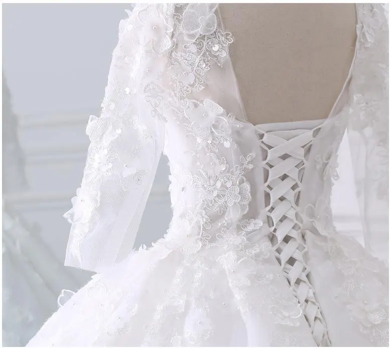 Роскошные Аппликации Тюль o-образным вырезом бальное платье свадебное платье бисер жемчуг Часовня поезд три четверти рукава Свадебные платья Liyuke