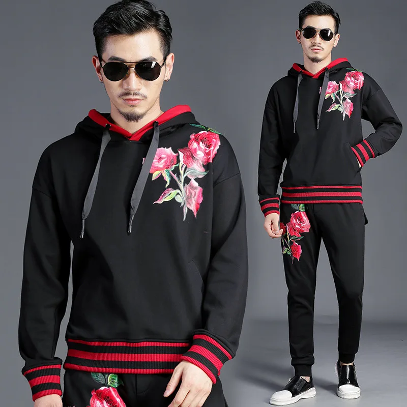 

Winter Thicken men's casual pantsuit foral print hooded sweatshirt+casual pants 2pieces set Europe style leisure suit men A540