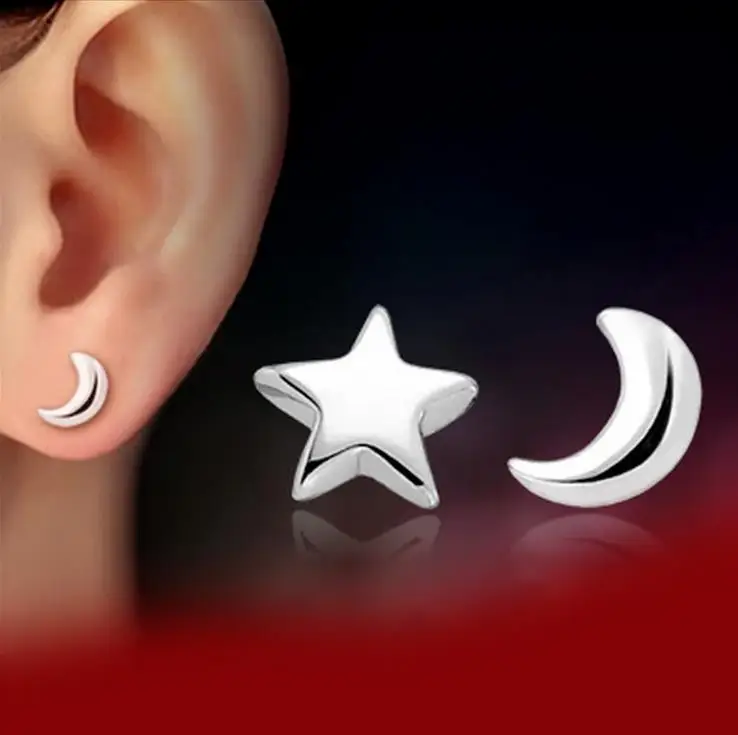

100% 925 Sterling Silver 2019 Women Jewelry Fashion Cute Tiny Asymmetric Moon Star Stud Earrings For Daughter Girls NY045