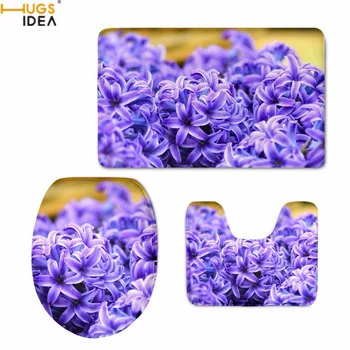

HUGSIDEA Beautiful 3D Flower Hyacinth Prints Toilet Seat Covers Home Decorative Bath Accessories Floor Carpet Bathroom 3PCS Set