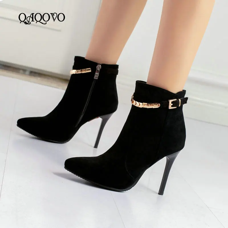 

Spring Autumn Ankle Boots Women Flock Thin High Heels Booties Fsahion Pointed Toe Zipper Boots Ladies Shoes Red Black
