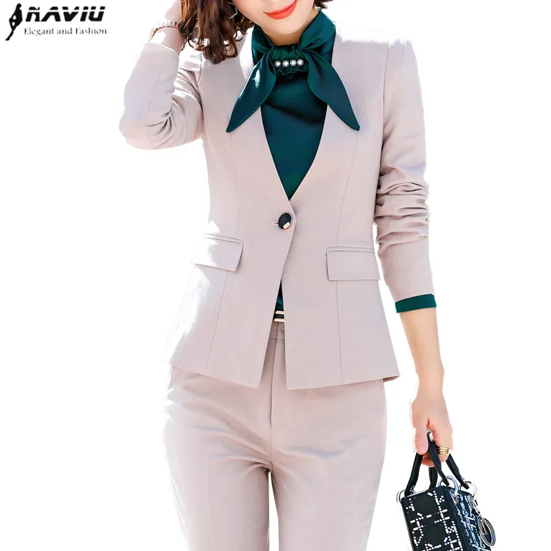 

2019 Spring fashion Formal interview Pants suits OL long sleeve sim blazer and pants office lady plus size work wear Apricot