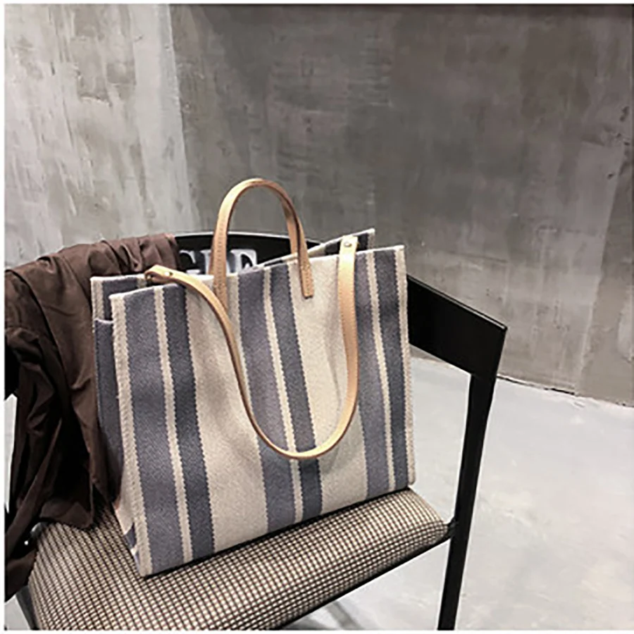

Canvas Striped Totes Bag For Women Large Capacity Ladies Handbags High Quality Casual Shoulder Bags Seaside Bohemian Beach Bag