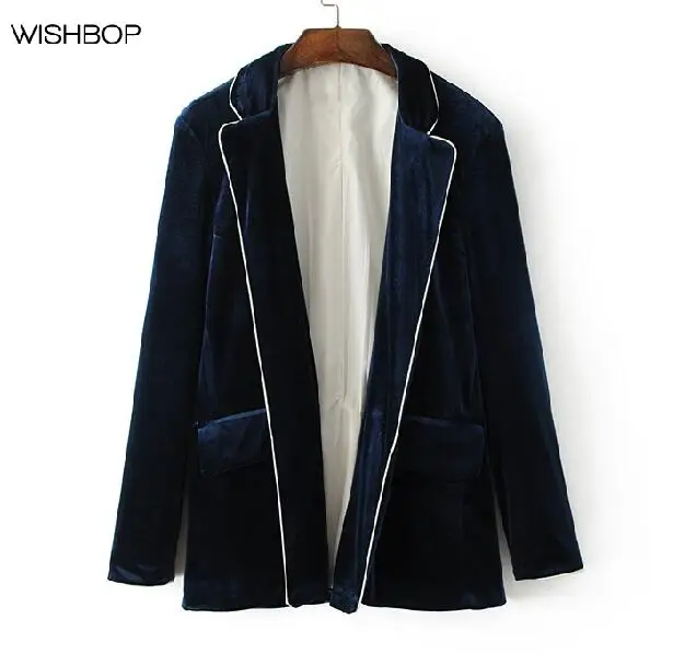 WISHBOP NEW 2017 Autumn New Navy Blue Velvet Blazer Lapel