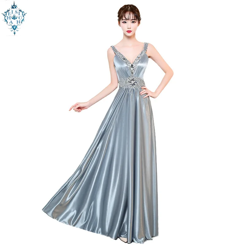 

Ameision Long deep V neck shine Drilling slim Evening Dress 2019 Women Sleeveless Sexy A-Line Elegant Wedding Party Formal Gowns