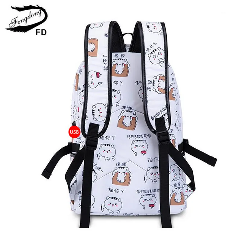 Школьный рюкзак FengDong с милым рисунком кота для девочек, водонепроницаемая сумка для книг, детские школьные сумки, женский рюкзак для путешествий и ноутбука, usb