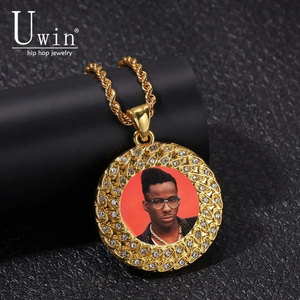 Uwin изготовление на заказ фото медальоны ожерелье и подвеска круглой формы со стразами ювелирные изделия Хип-хоп для подарка