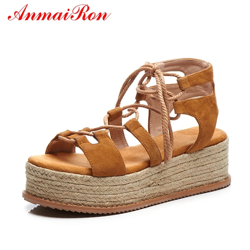 

ANMAIRON Kid Suede Gladiator Sandalias De Mujer Verano 2019 Casual Lace-Up Women Fashion Sandals Size 34-40 LY890