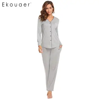 

Ekouaer Pajamas Sleepwear Set Ladies Long Sleeve Button Shirt Long Pants Two Piece Pajama Set Midnight Sleepwear Women Homewear