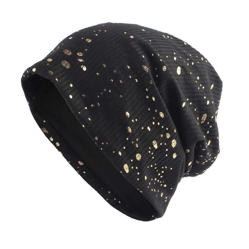 Geebro Women's Fashion Splatter Paint Ribbed Beanie Hat Metallic Color Cotton Beanies for Femme Slouchy Black Bronzing Skullies 2