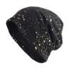 Geebro Women's Fashion Splatter Paint Ribbed Beanie Hat Metallic Color Cotton Beanies for Femme Slouchy Black Bronzing Skullies 2