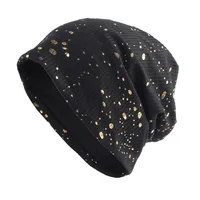 Geebro Women's Fashion Splatter Paint Ribbed Beanie Hat Metallic Color Cotton Beanies for Femme Slouchy Black Bronzing Skullies 2