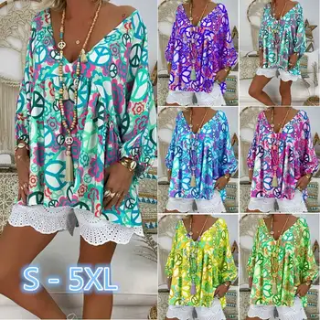 

Plus Size 5XL Peace Mark Floral Patchwork Women Tunic 2019 Summer V Neck Ruffles Print Beach Holiday Female Blouses Lady Shirt