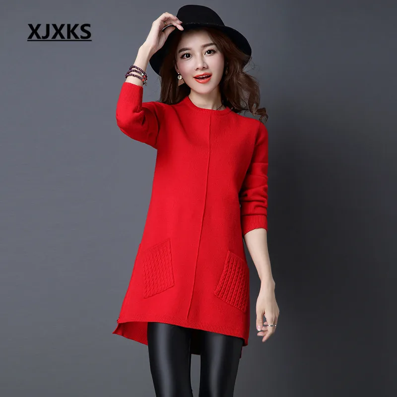 XJXKS vestidos, женское осеннее и зимнее платье, облегающее и яркое, однотонное, было тонкое, дикое, базовое, офисное платье-свитер - Цвет: Красный