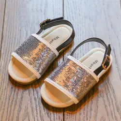 Летняя Одежда для детей; малышей; девочек блестками пляжные сандалии принцессы в римском стиле тонкие туфли Вьетнамки плоский каблук