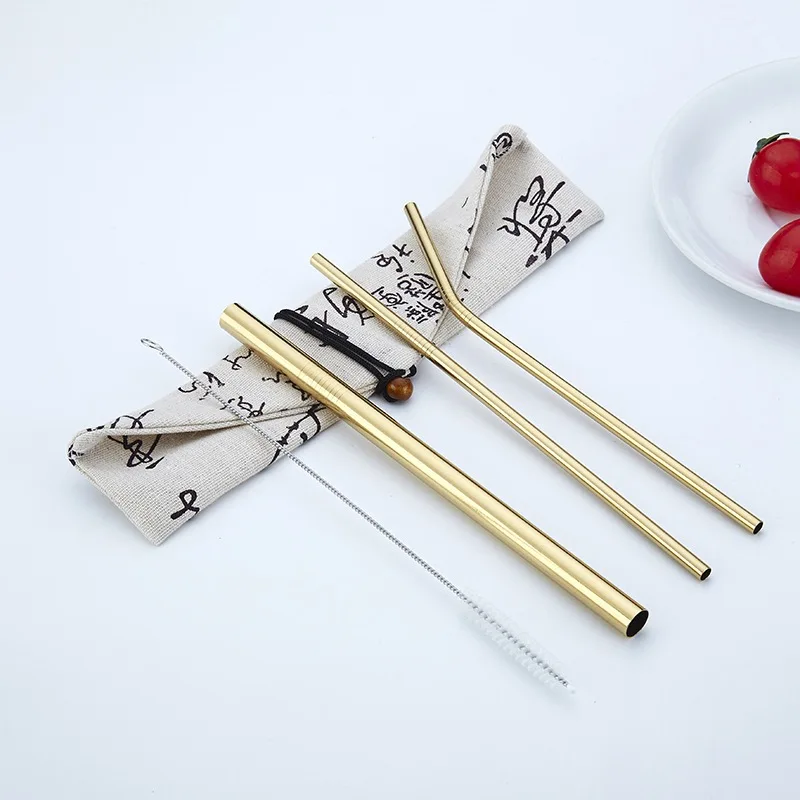 4pcs/Set Reusable 304 Stainless Steel Straw Barware Metal Drinking Straight Straws with Brush Bag Travel Outdoor Bar Accessories - Цвет: Gold