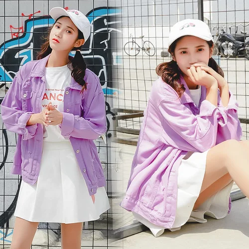 2018 bat sleeve purple Ripped Hollow Out Denim Jacket Casual Pocket Coat Autumn Winter Womens Basic Outwear Streetwear